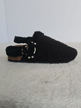 Cozy Black Sherpa Teddy Clogs Slingback Cork Footbed Mules Shoes Size 7